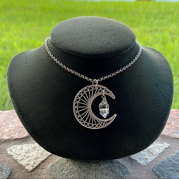 Crystal moon necklace . Boho Genuine herkimer diamond quartz crecent moon charm - Picture 2 of 14
